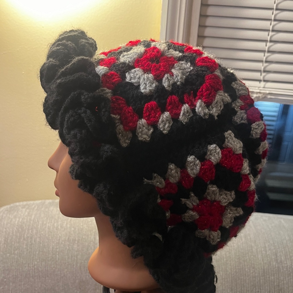 Oversized crochet granny square ruffle bucket hat